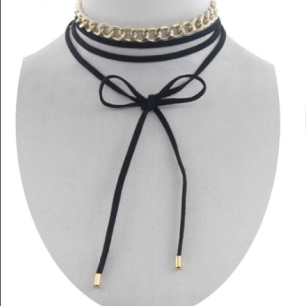 New black choker with gold-color chain layer